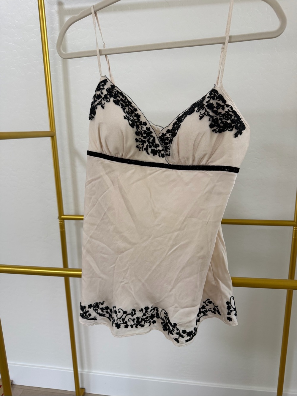 White House Black Market Beige Slip with Black Lace Accents